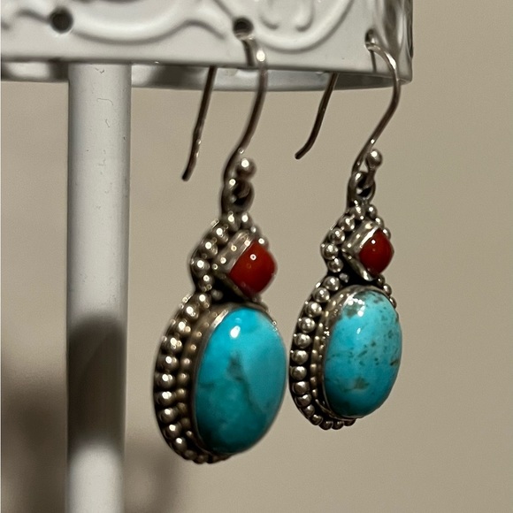 Sterling Silver Blue Mohave Turquoise Red Coral Earrings - Picture 4 of 7